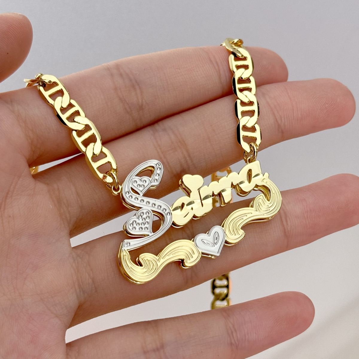 Marine Chain Heart Double Plate Name Necklace Bamboo Earrings Set