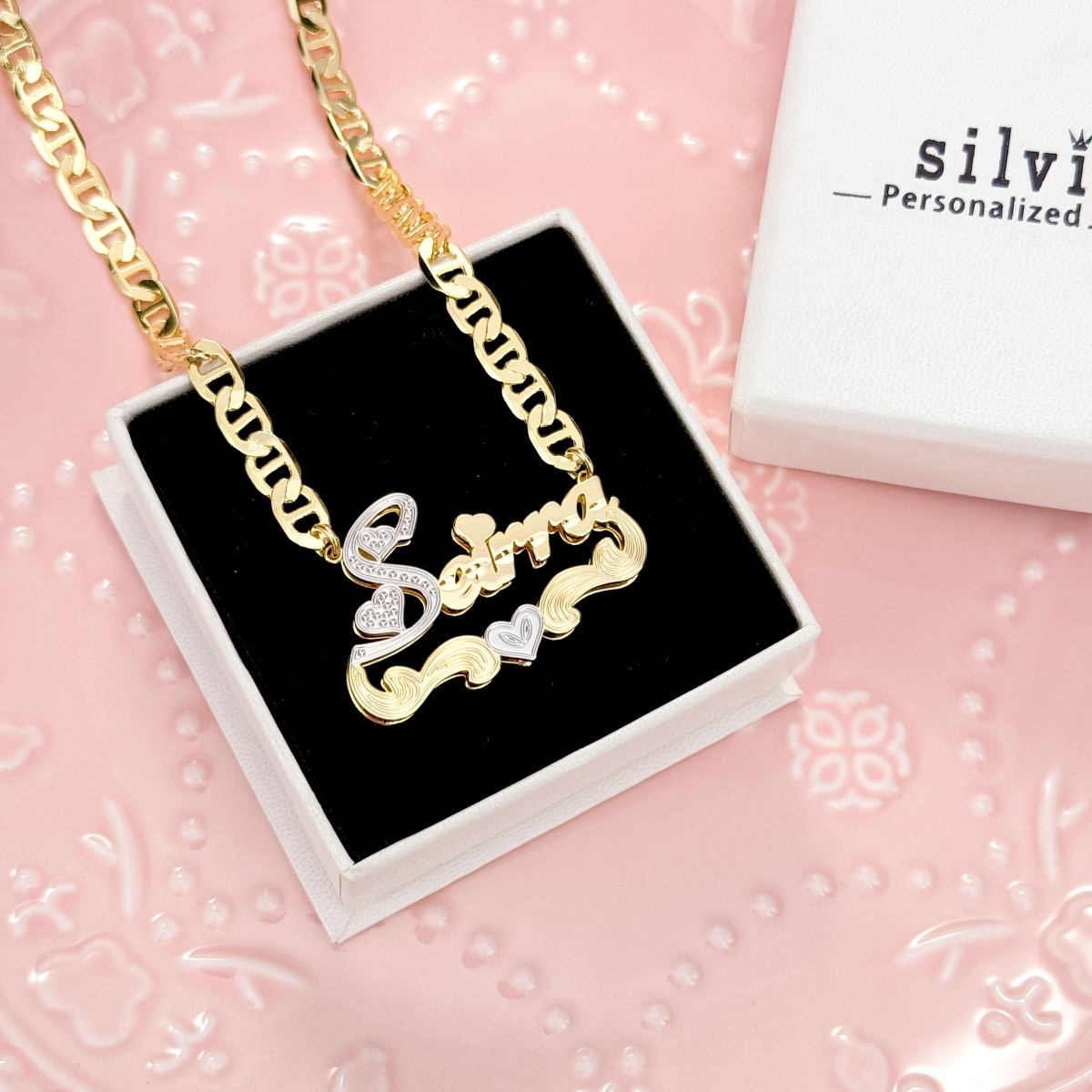 Marine Chain Heart Double Plate Name Necklace Bamboo Earrings Set
