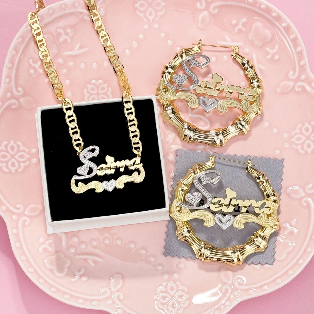 Marine Chain Heart Double Plate Name Necklace Bamboo Earrings Set