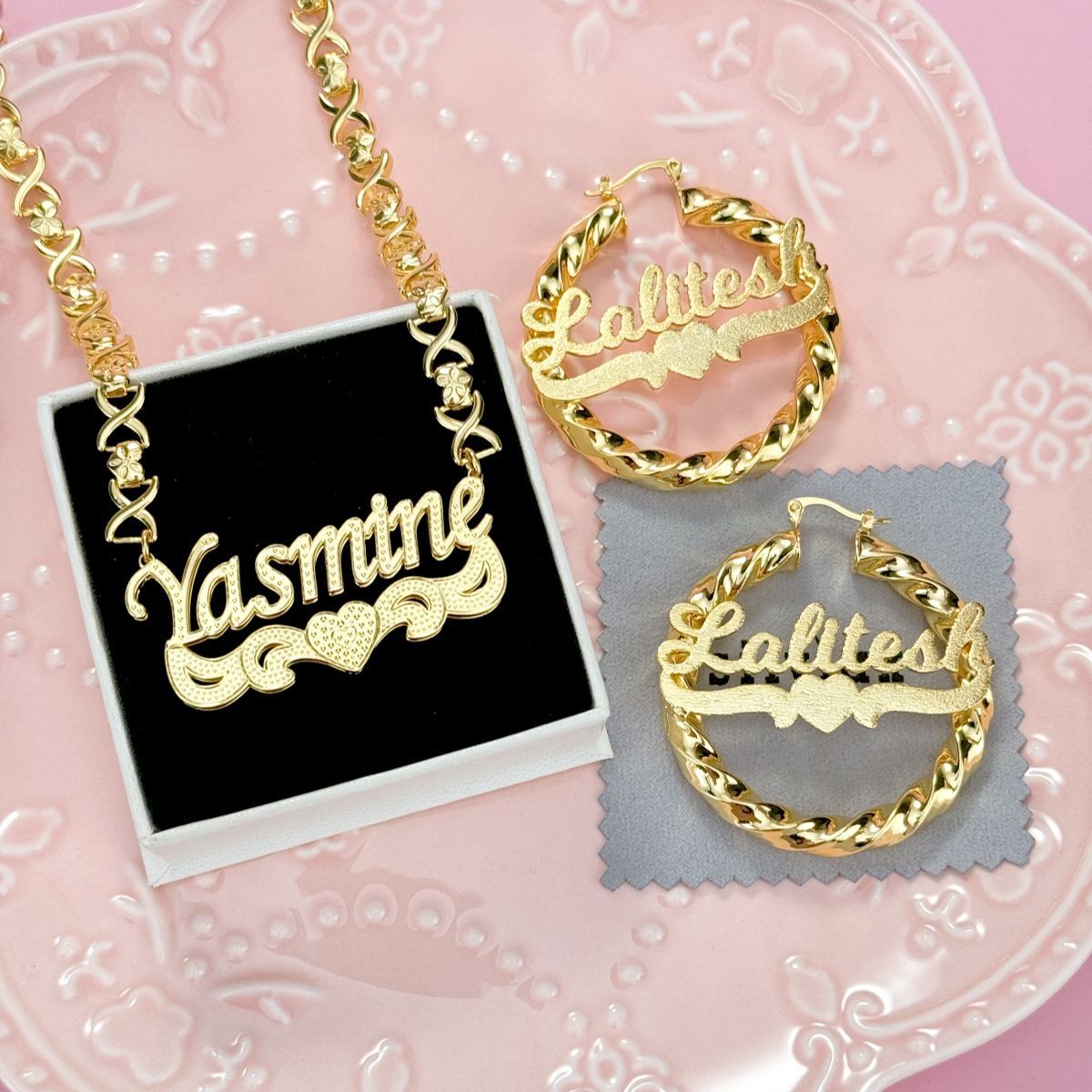[Copy]Gold Plated Enamel Heart Nameplate Necklace and Bamboo Earrings Jewelry Set