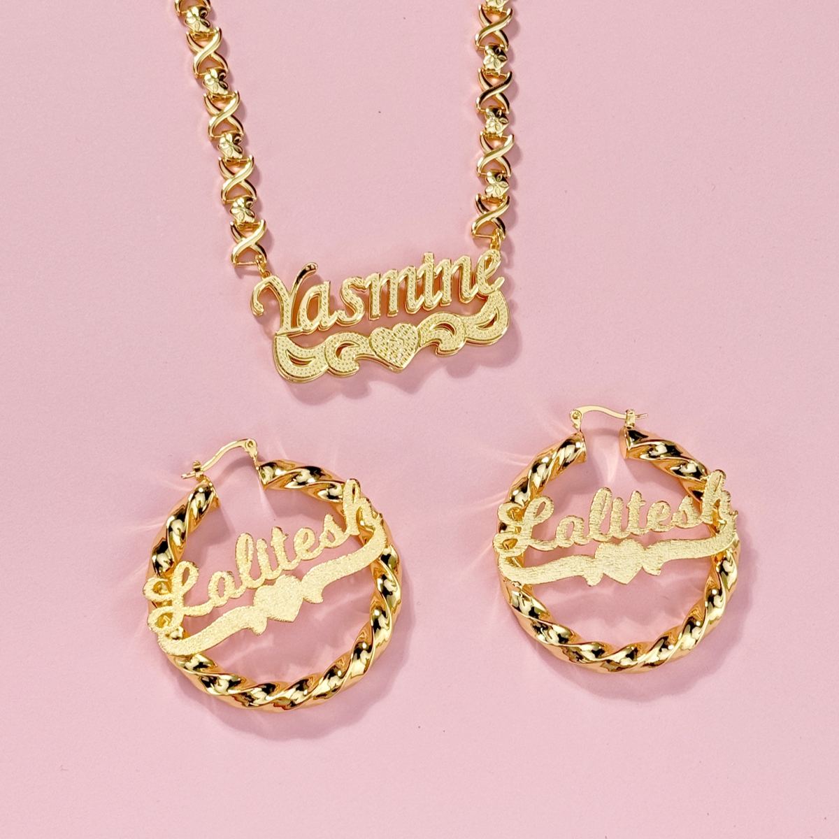 [Copy]Gold Plated Enamel Heart Nameplate Necklace and Bamboo Earrings Jewelry Set