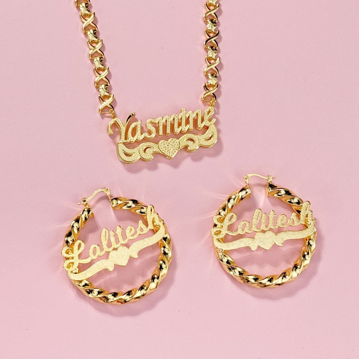 [Copy]Gold Plated Enamel Heart Nameplate Necklace and Bamboo Earrings Jewelry Set