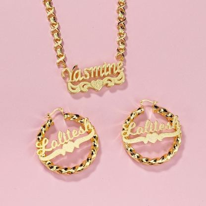 [Copy]Gold Plated Enamel Heart Nameplate Necklace and Bamboo Earrings Jewelry Set