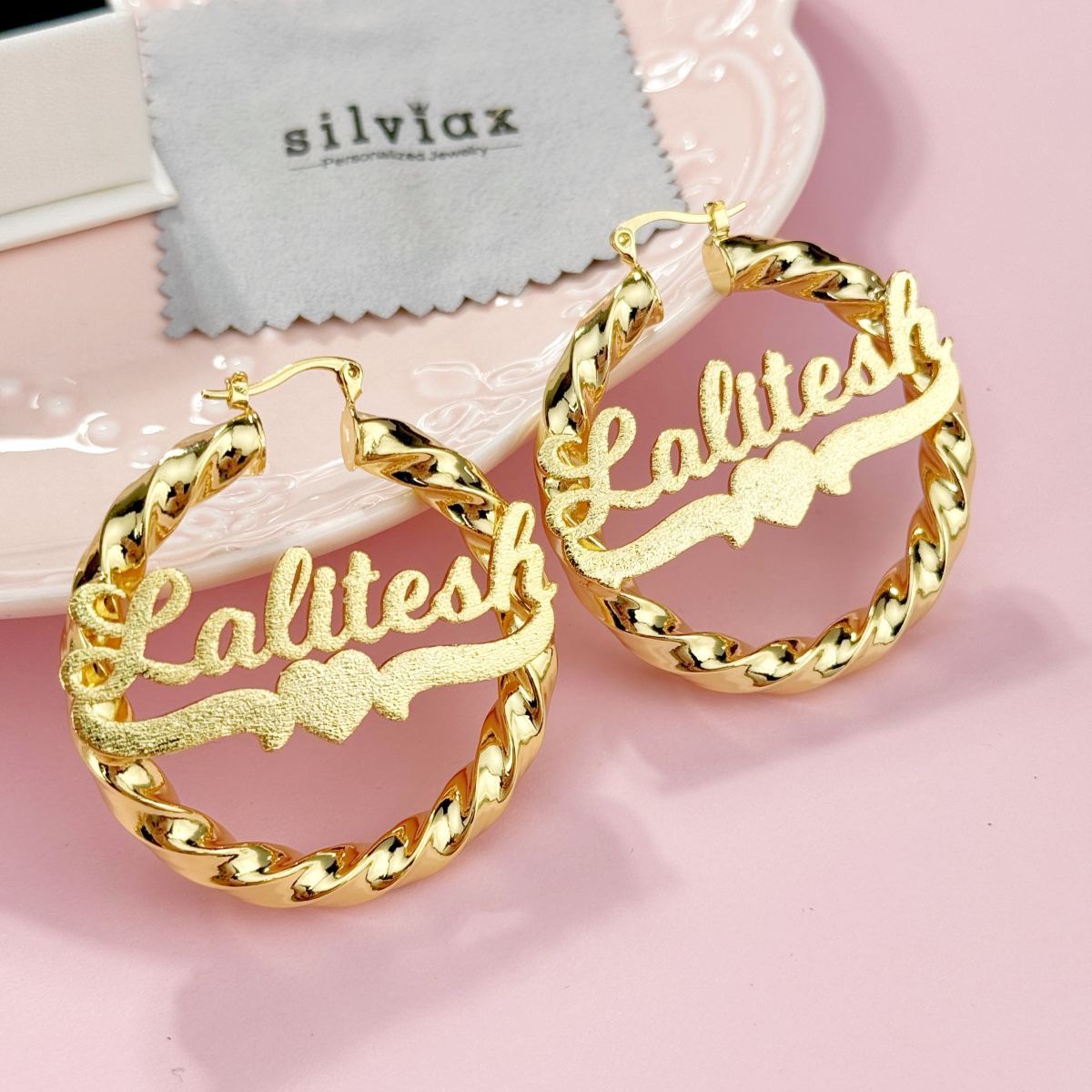 [Copy]Gold Plated Enamel Heart Nameplate Necklace and Bamboo Earrings Jewelry Set