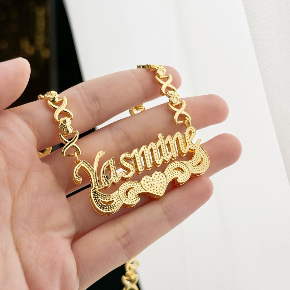 [Copy]Gold Plated Enamel Heart Nameplate Necklace and Bamboo Earrings Jewelry Set
