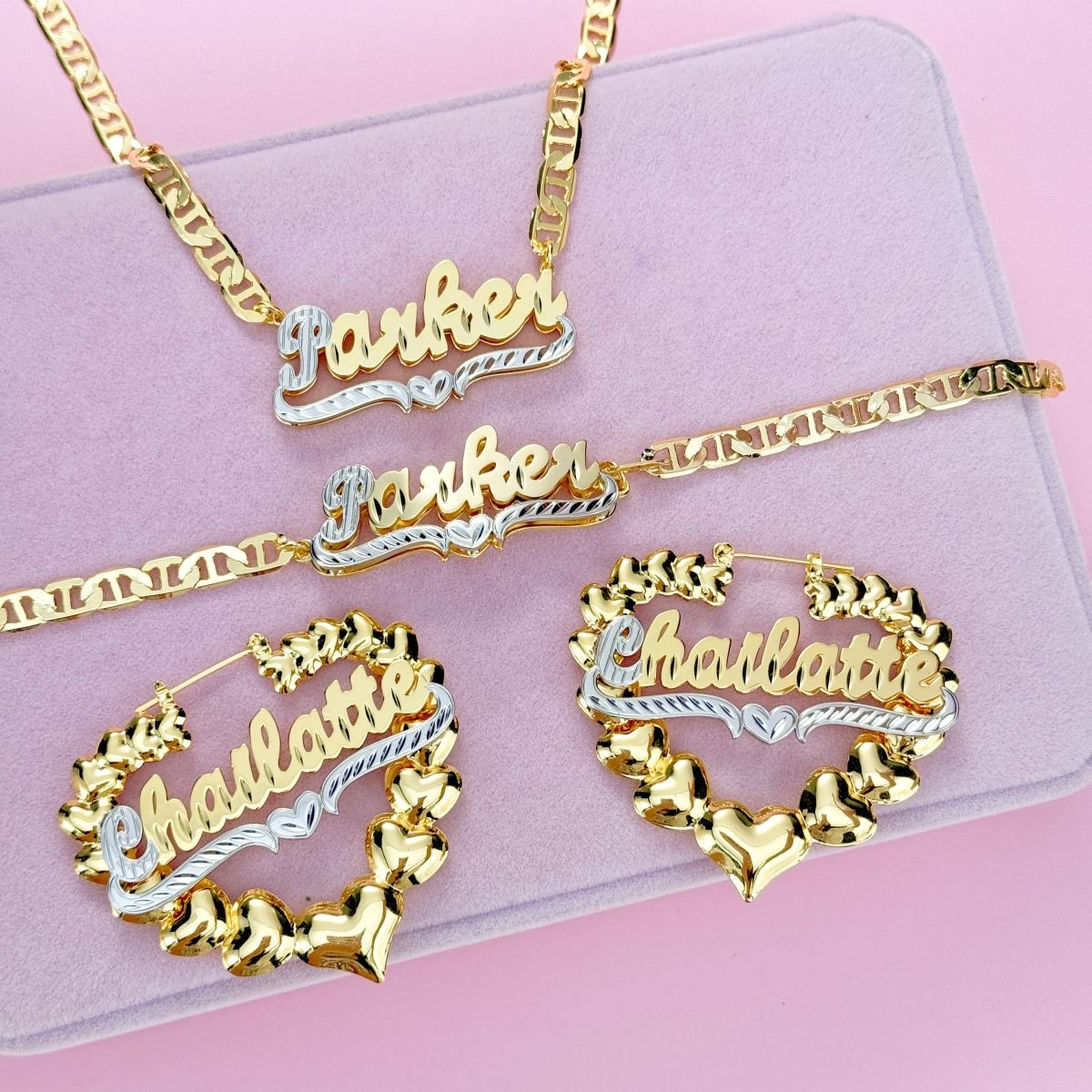 [Copy]Diamond Cut 3D Heart Name Necklace and Twist Hoop Earrings Set