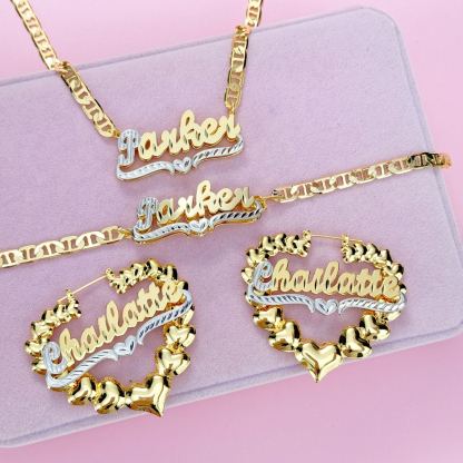 [Copy]Diamond Cut 3D Heart Name Necklace and Twist Hoop Earrings Set