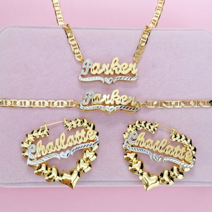 [Copy]Diamond Cut 3D Heart Name Necklace and Twist Hoop Earrings Set