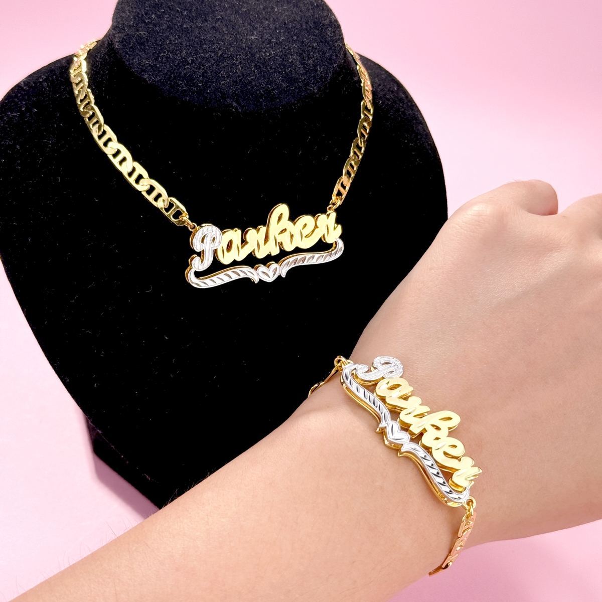 [Copy]Diamond Cut 3D Heart Name Necklace and Twist Hoop Earrings Set