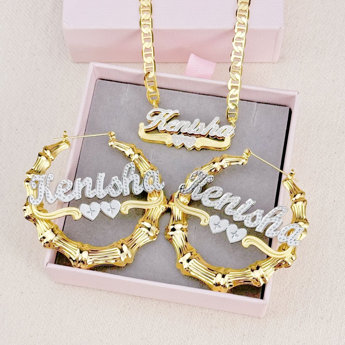 [Copy]Diamond Cut 3D Heart Name Necklace and Twist Hoop Earrings Set