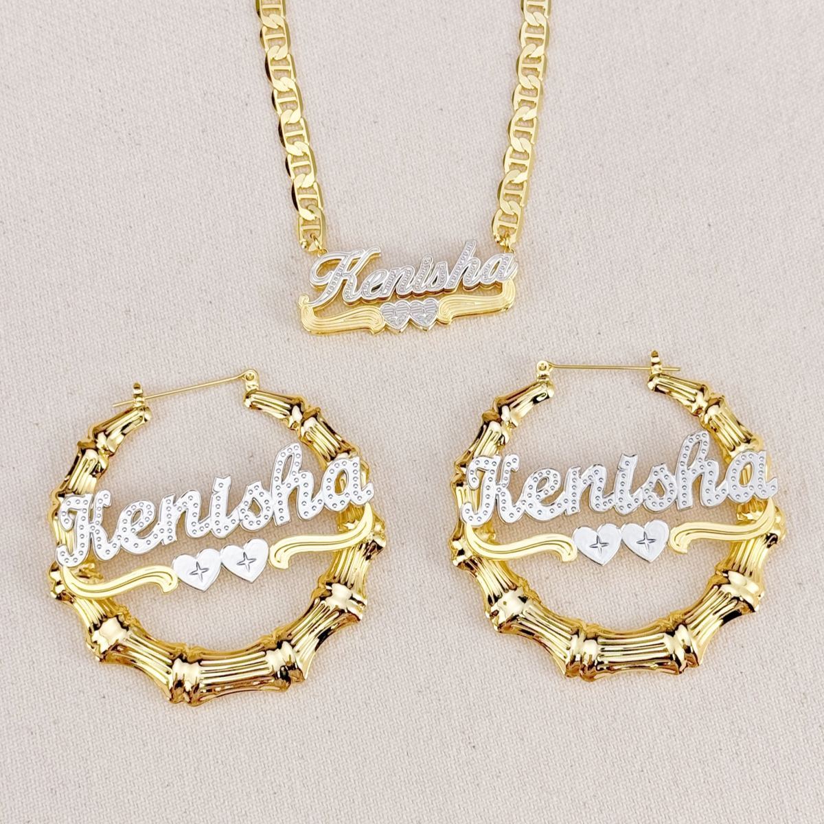 [Copy]Diamond Cut 3D Heart Name Necklace and Twist Hoop Earrings Set