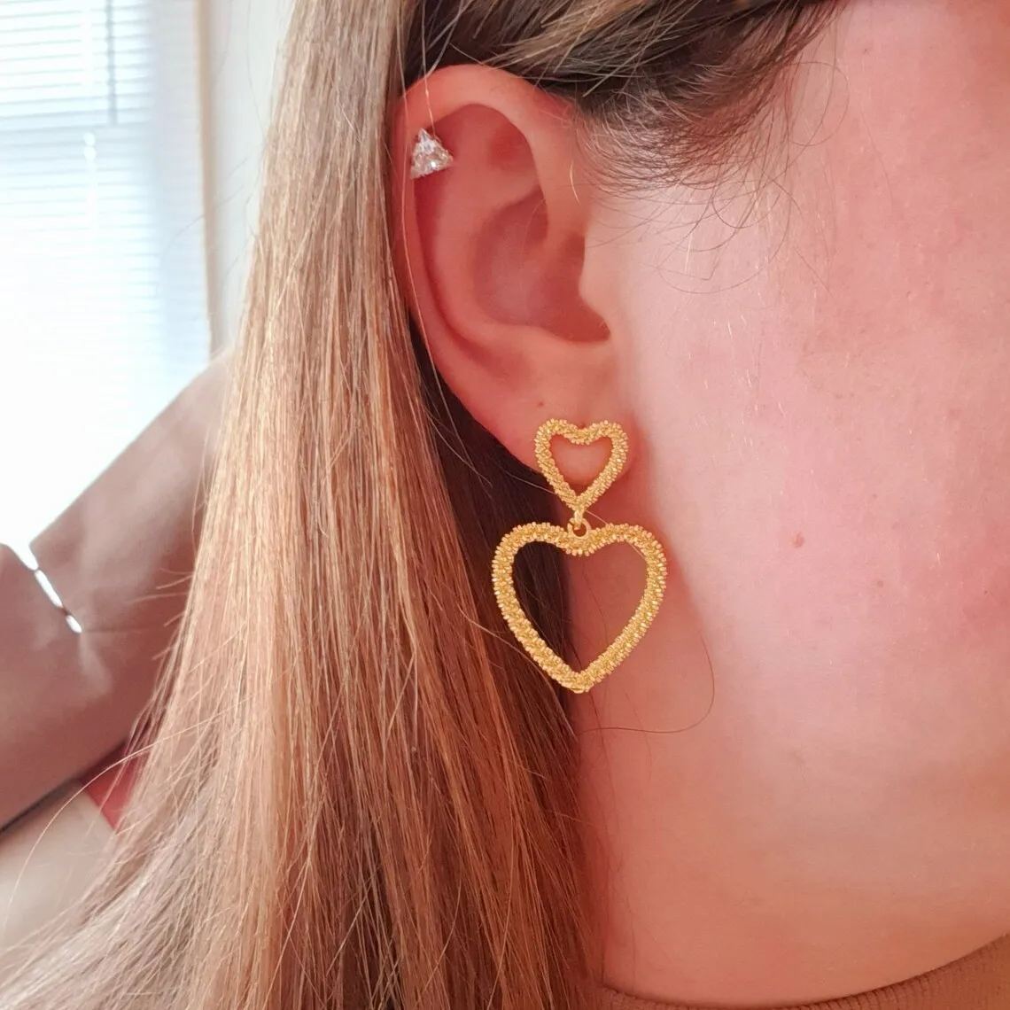 Two Drip Hearts Statement Dangle Earrings Stainless Steel