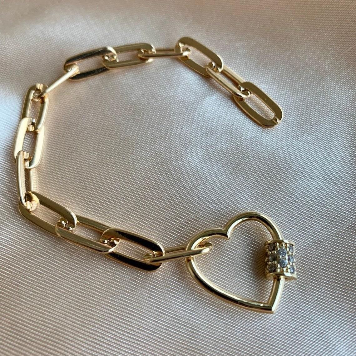 Chunky Heart Lock Carabiner Lock Link Chain Bracelet