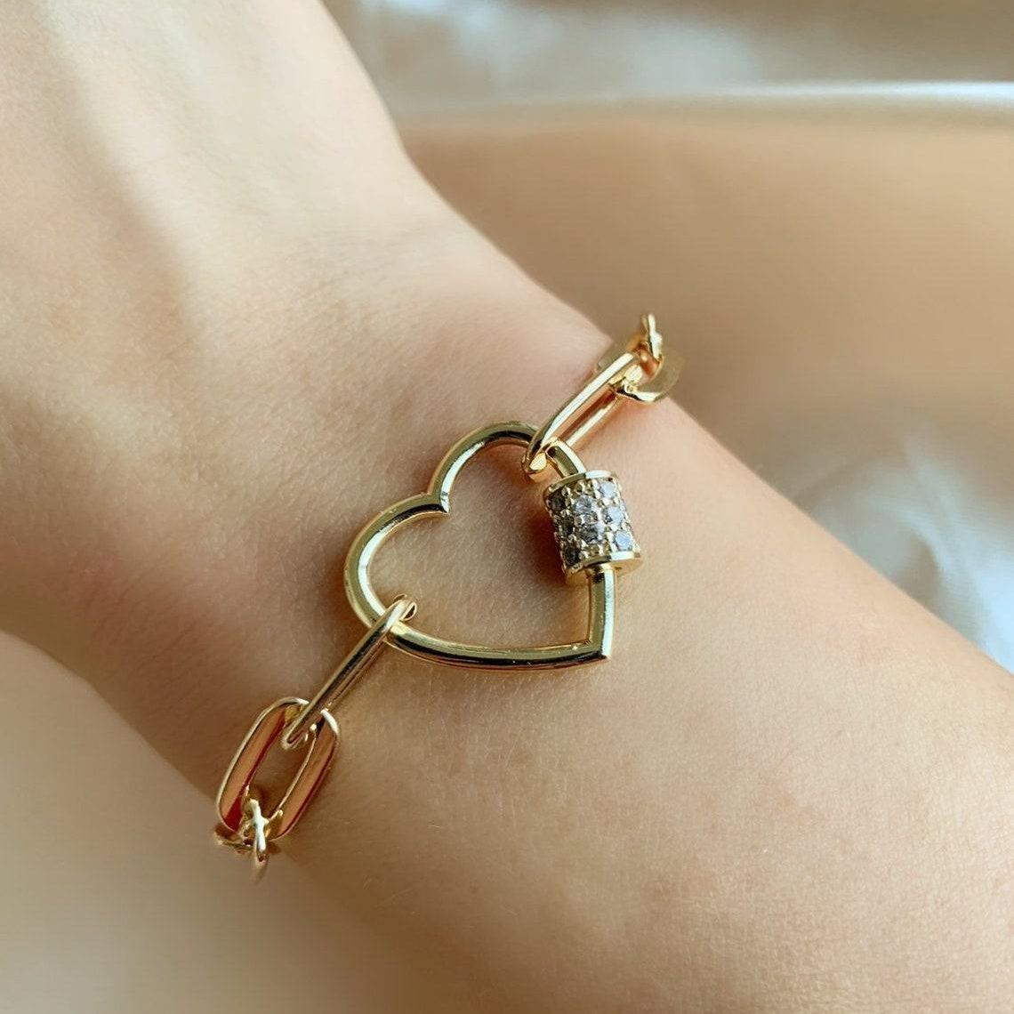 Chunky Heart Lock Carabiner Lock Link Chain Bracelet