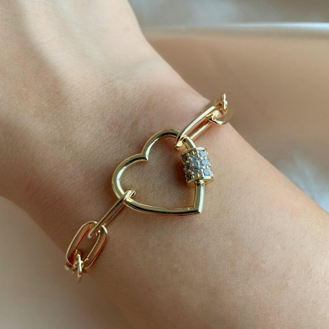 Chunky Heart Lock Carabiner Lock Link Chain Bracelet