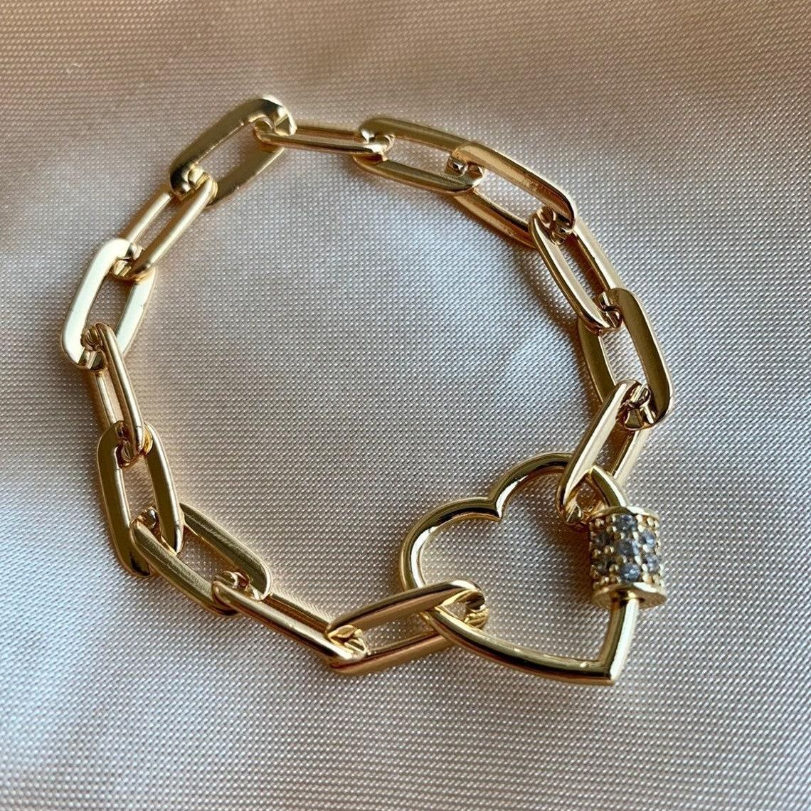 Chunky Heart Lock Carabiner Lock Link Chain Bracelet