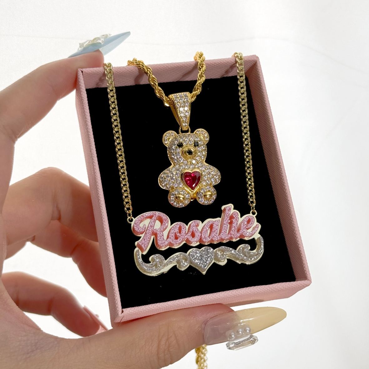Cute Zircon Birthstone Teddy Pendant and Acrylic Pink Heart Name Necklace Set