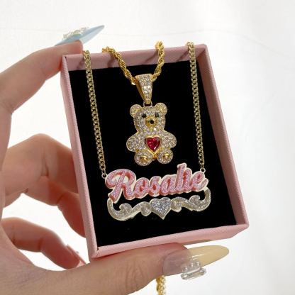 Cute Zircon Birthstone Teddy Pendant and Acrylic Pink Heart Name Necklace Set