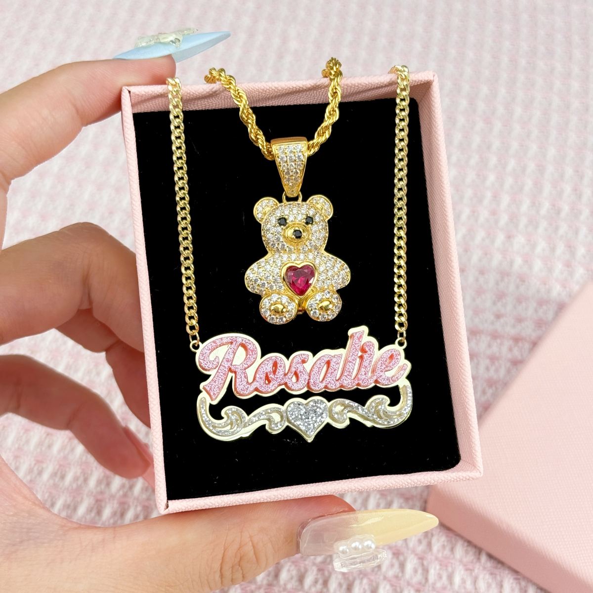 Cute Zircon Birthstone Teddy Pendant and Acrylic Pink Heart Name Necklace Set