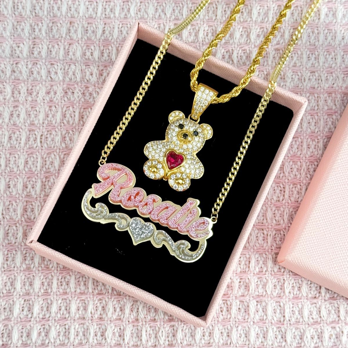 Cute Zircon Birthstone Teddy Pendant and Acrylic Pink Heart Name Necklace Set