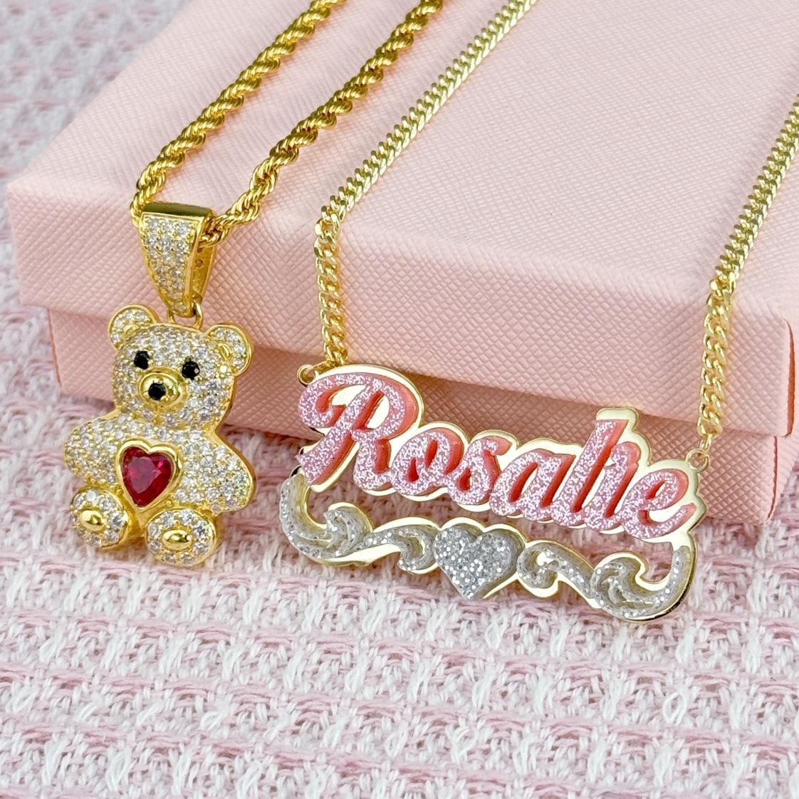 Cute Zircon Birthstone Teddy Pendant and Acrylic Pink Heart Name Necklace Set