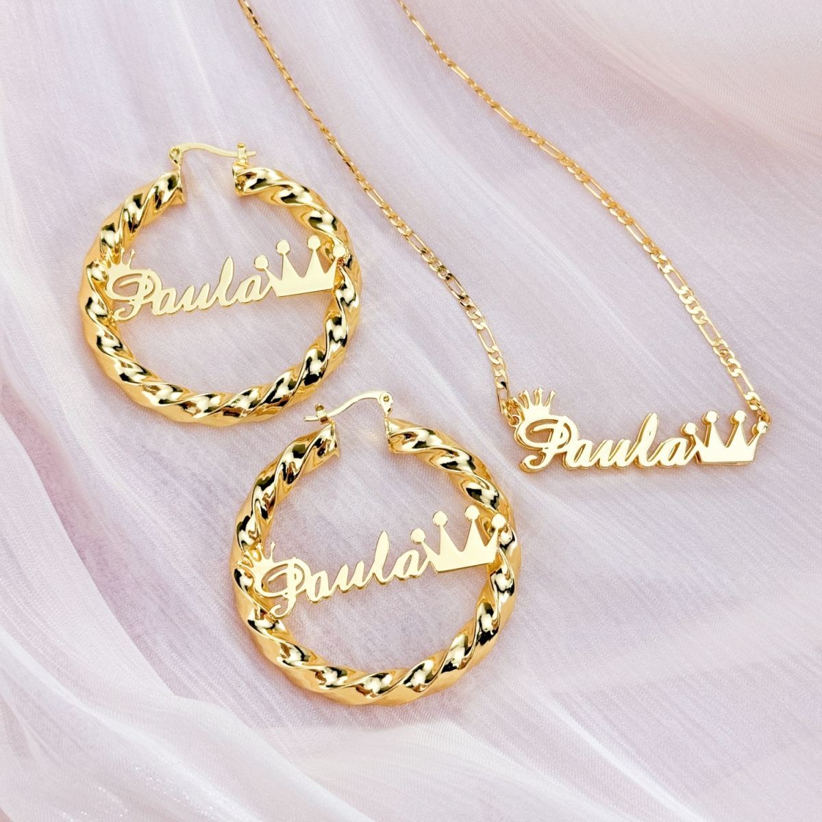 Crown Name Jewerlry Set Custom Double Layer Name Necklace And Name Earrings 