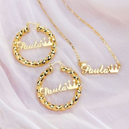 Crown Name Jewerlry Set Custom Double Layer Name Necklace And Name Earrings 