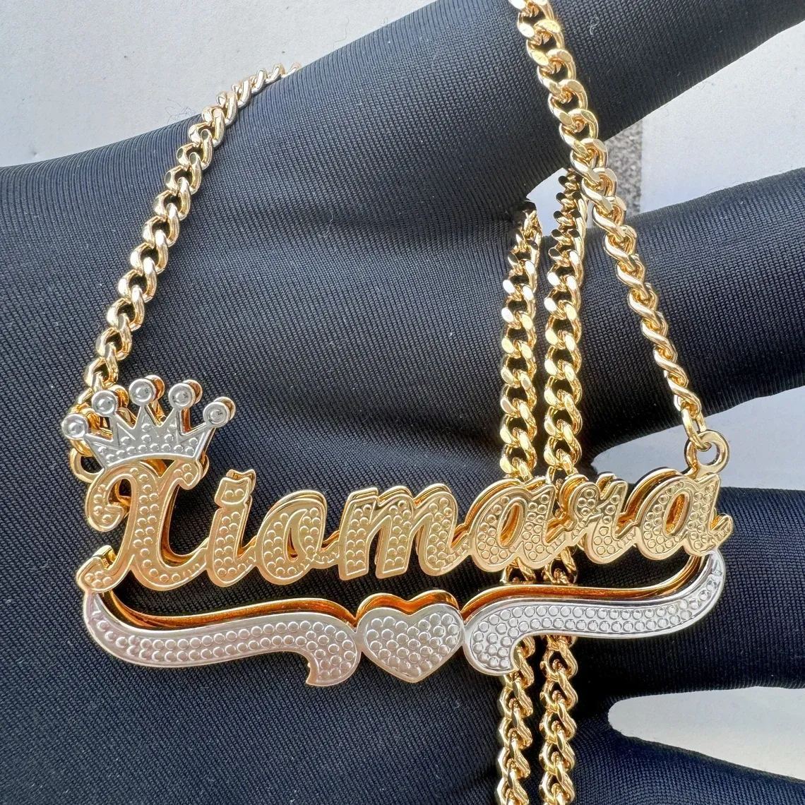 Two Tone Doubla Layer Crown Heart Custom Name Necklace