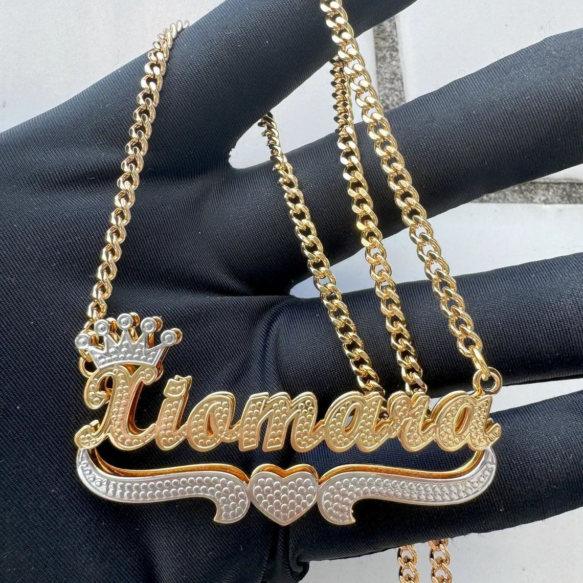 Two Tone Doubla Layer Crown Heart Custom Name Necklace