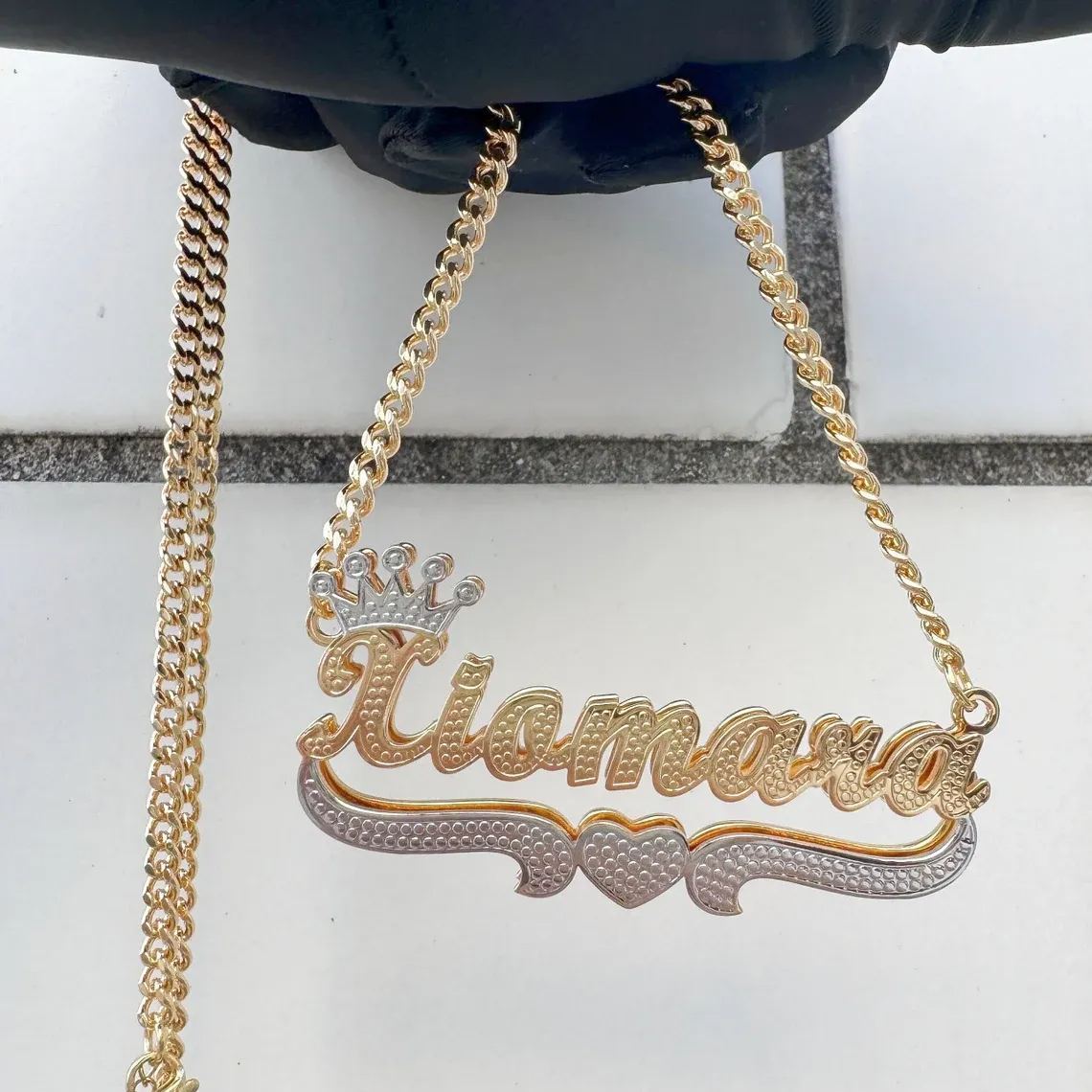Two Tone Doubla Layer Crown Heart Custom Name Necklace