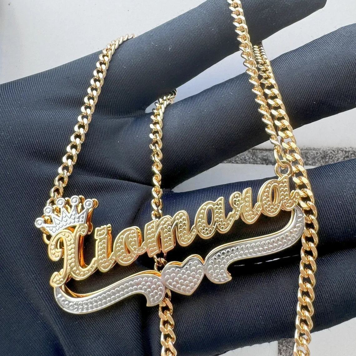 Two Tone Doubla Layer Crown Heart Custom Name Necklace