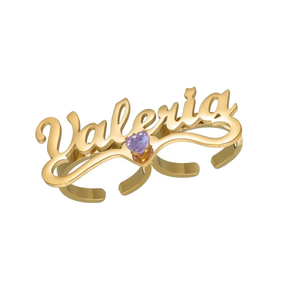 Custom Heart Birthstone Two Finger Custom Gold Plated Name Ring
