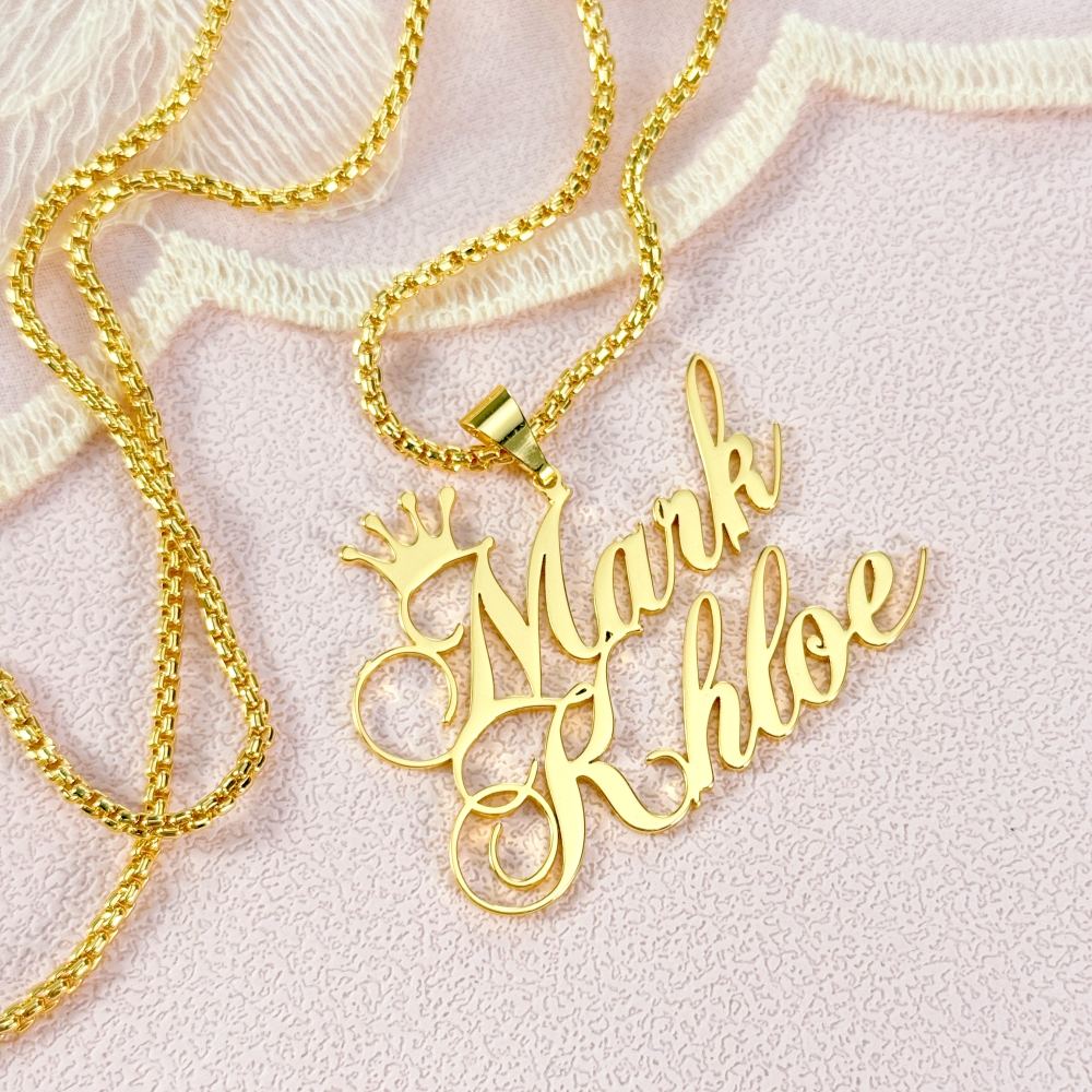  Two Names with Crown Personalized Custom Gold Plated Name Necklace Couple Necklace