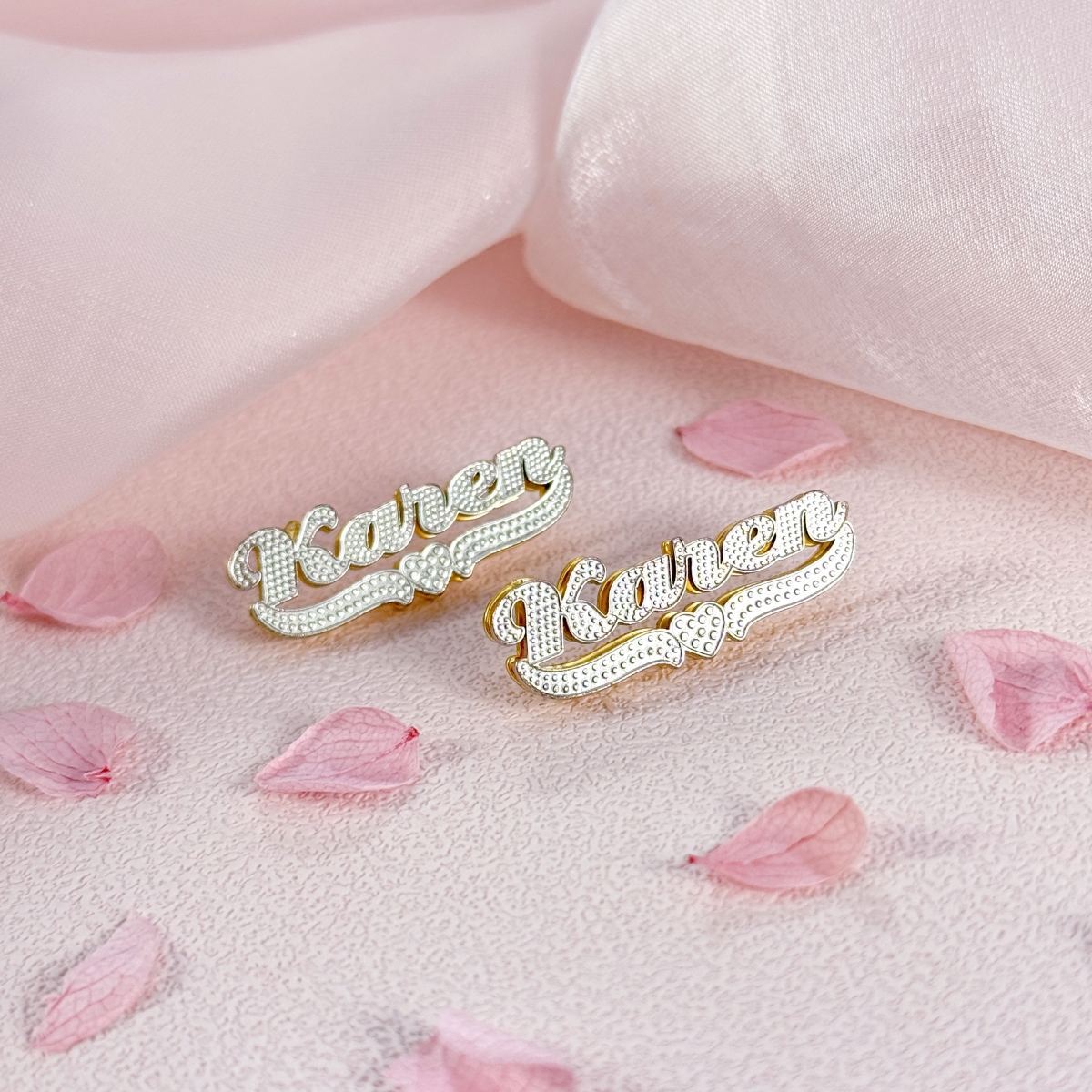 Double Layer Two Tone Personalized Custom Name Stud Earrings with Heart