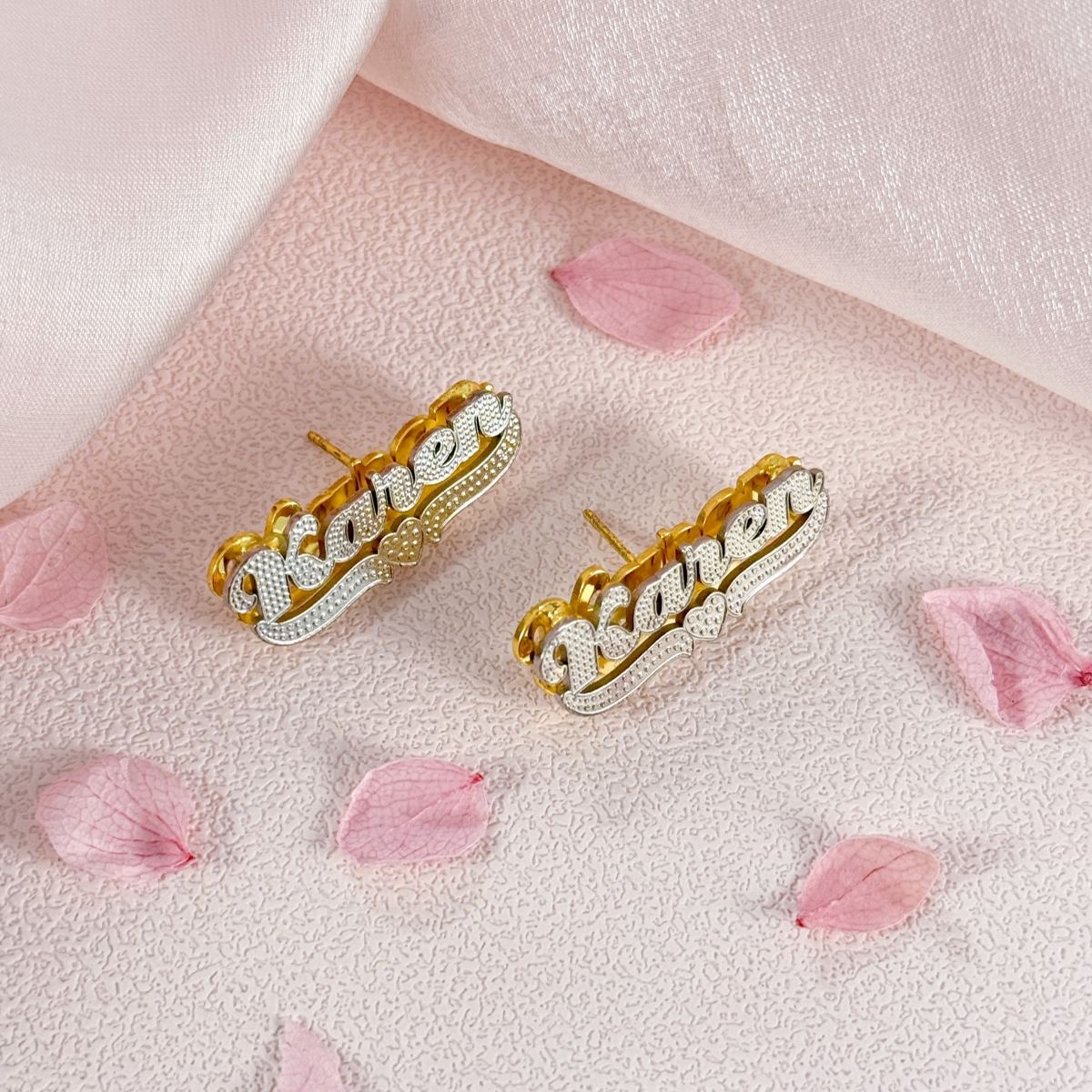 Double Layer Two Tone Personalized Custom Name Stud Earrings with Heart