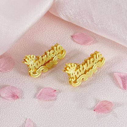 Personalized Custom Two Tone Double Layer Crown Heart Name Stud Earrings