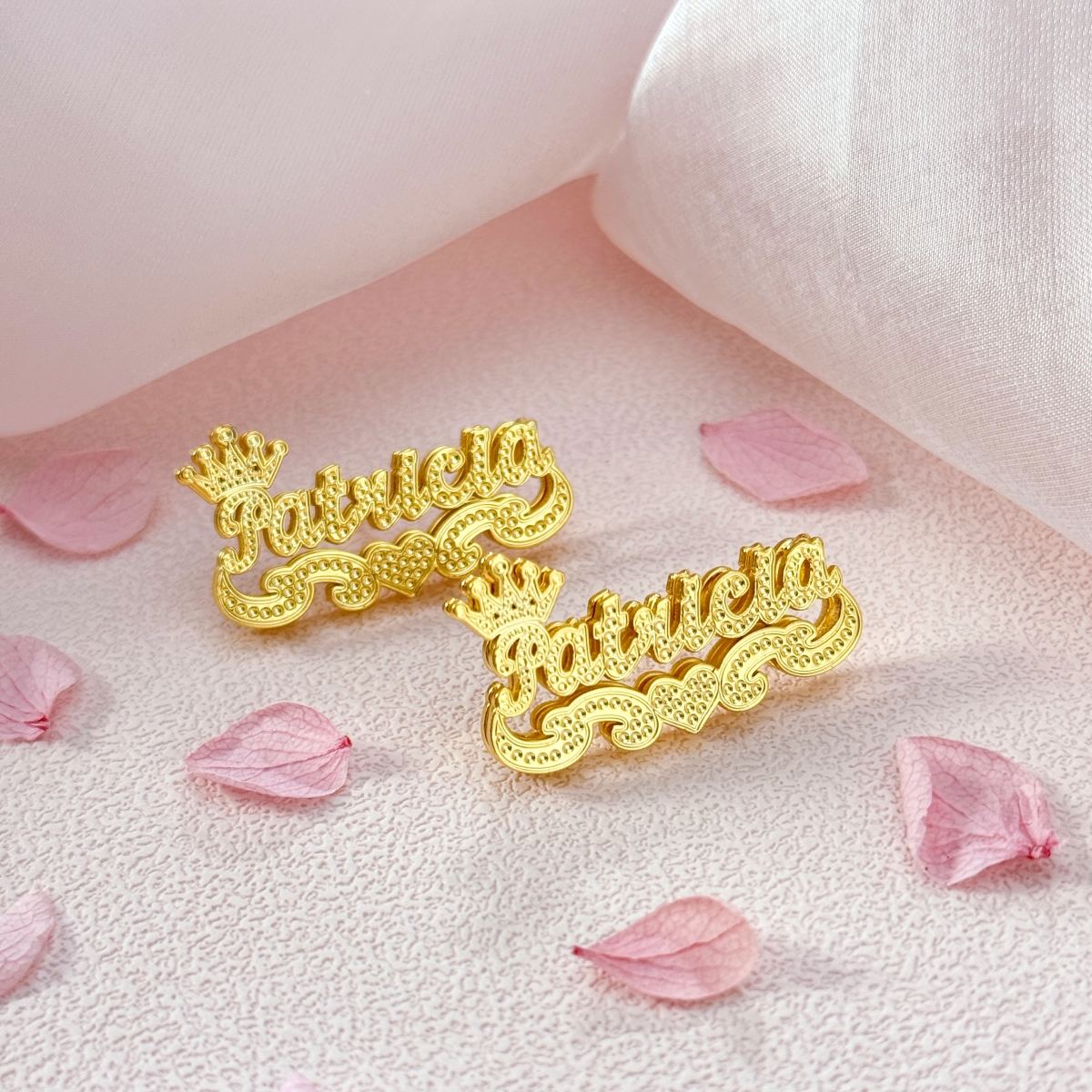 Personalized Custom Two Tone Double Layer Crown Heart Name Stud Earrings
