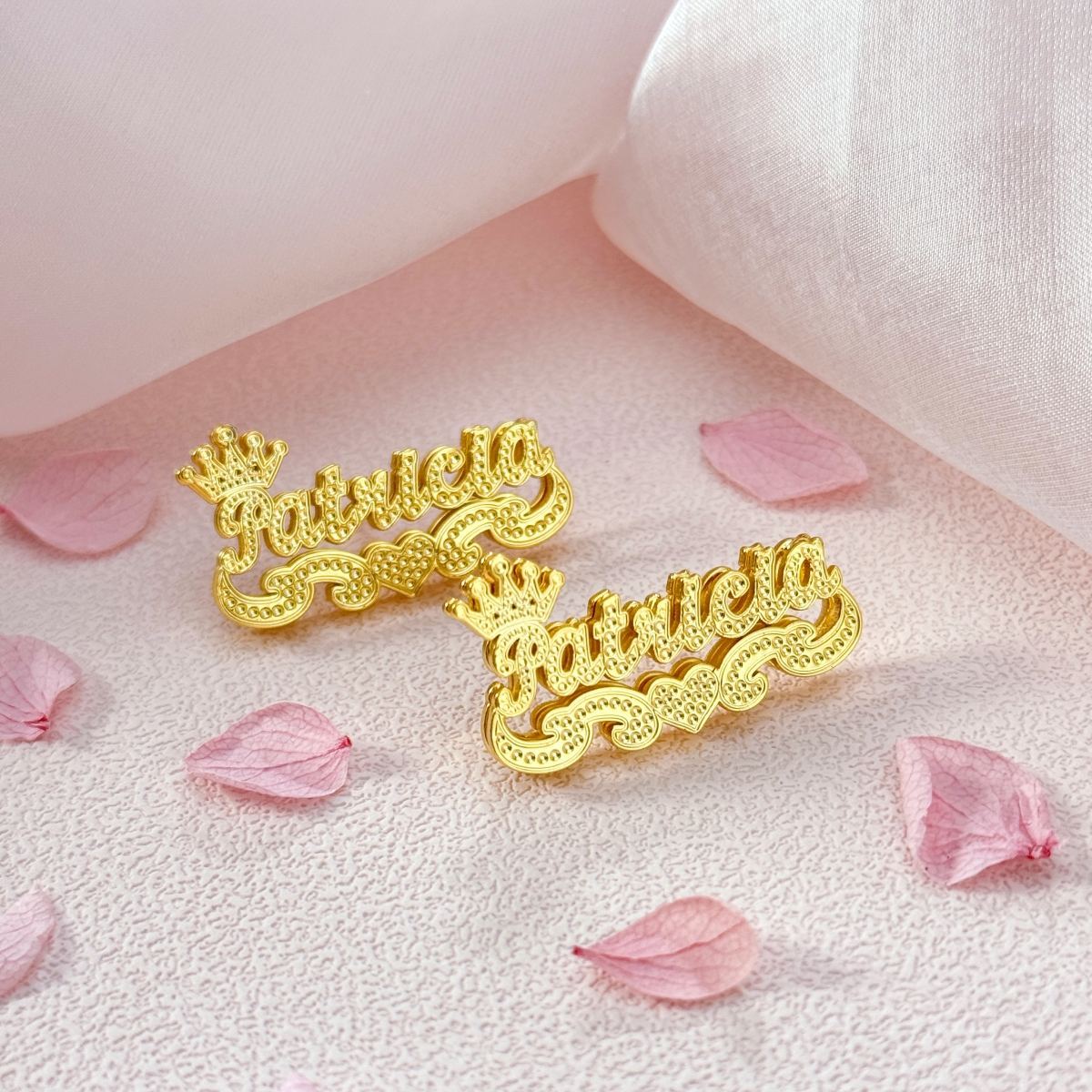 Personalized Custom Two Tone Double Layer Crown Heart Name Stud Earrings