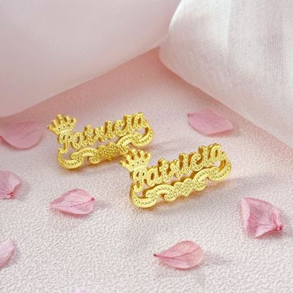 Personalized Custom Two Tone Double Layer Crown Heart Name Stud Earrings
