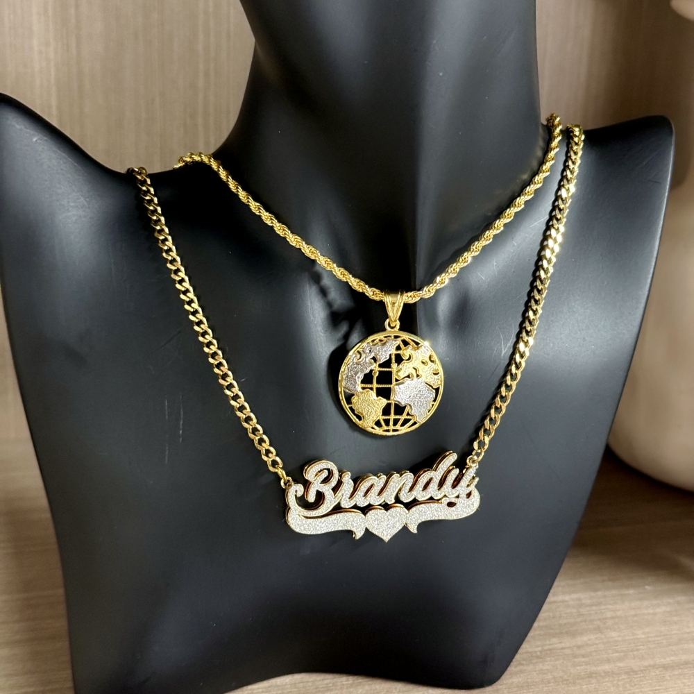 Two Tone Globe Round Circle Pendant and Bling Heart Name Necklace Set