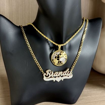 Two Tone Globe Round Circle Pendant and Bling Heart Name Necklace Set