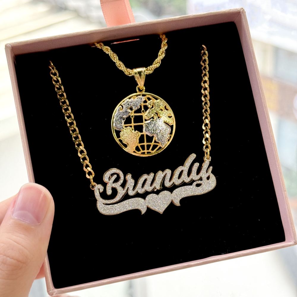 Two Tone Globe Round Circle Pendant and Bling Heart Name Necklace Set