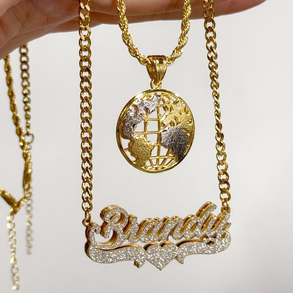 Two Tone Globe Round Circle Pendant and Bling Heart Name Necklace Set