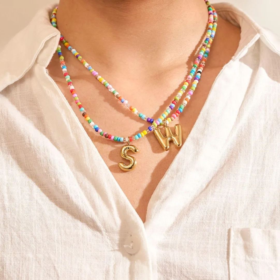 Colorful Beads Chain Personalized Bubble Letter Initial Necklace