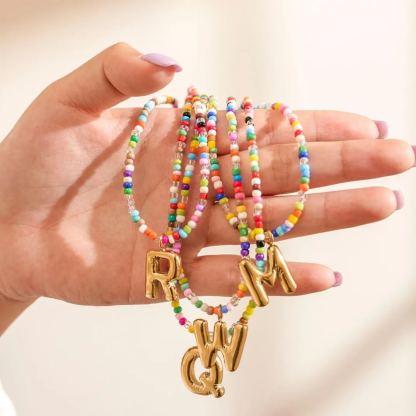 Colorful Beads Chain Personalized Bubble Letter Initial Necklace