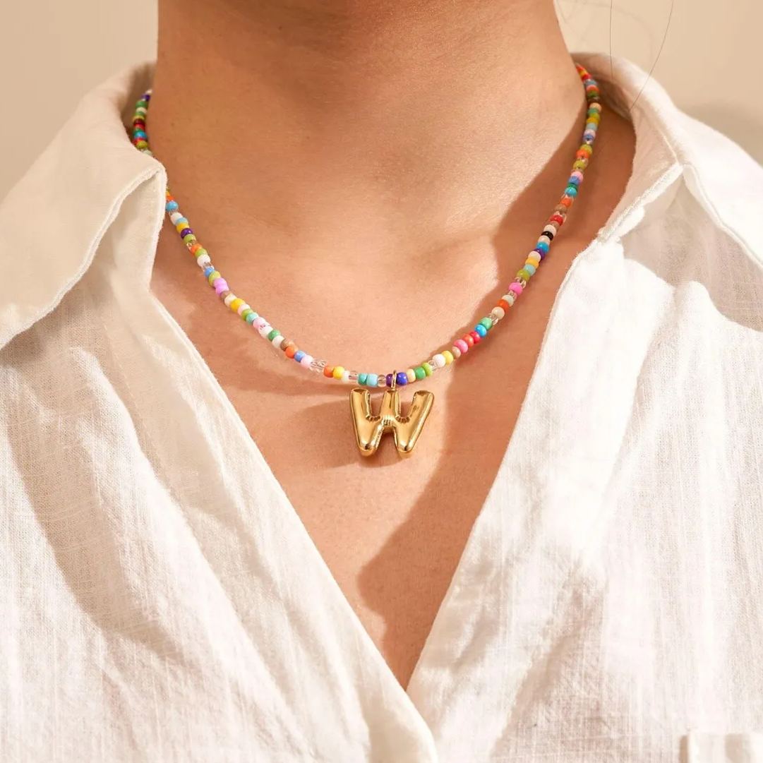Colorful Beads Chain Personalized Bubble Letter Initial Necklace