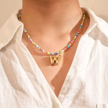 Colorful Beads Chain Personalized Bubble Letter Initial Necklace