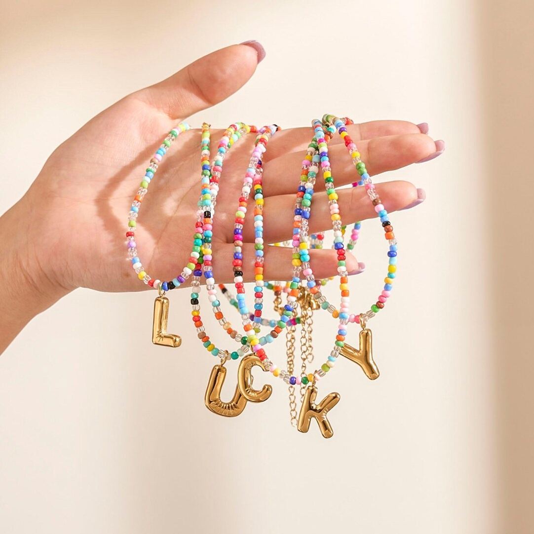 Colorful Beads Chain Personalized Bubble Letter Initial Necklace