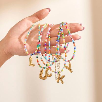 Colorful Beads Chain Personalized Bubble Letter Initial Necklace