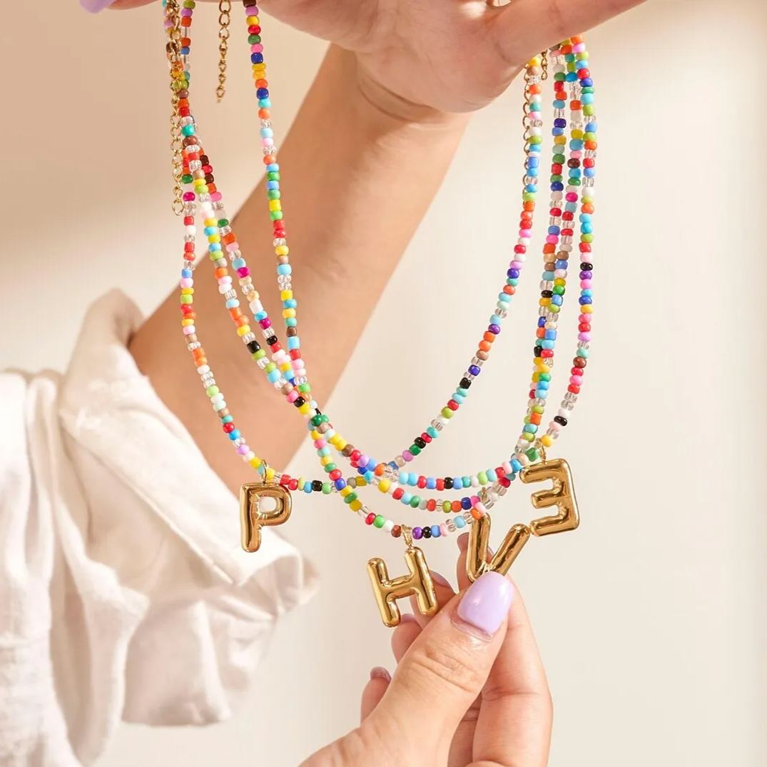 Colorful Beads Chain Personalized Bubble Letter Initial Necklace